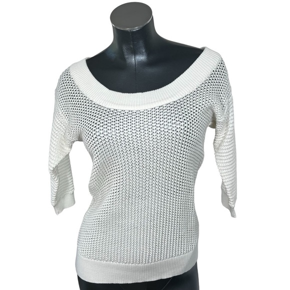 CALVIN KLEIN White 3/4 Sleeves Open Knit Scoop Neck Sweater Top Women's Size S - Picture 1 of 15